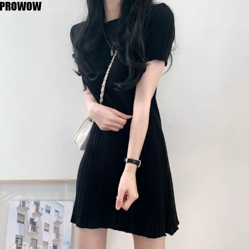 2020 Summer Stripe Knitting Women Dress Korean Retro O Neck Short Sleeve Mini Dress Ladies New Arrival A-Line Dress