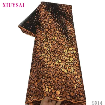 

2020 High Quality Embroidery Mesh Net Lace Fabrics With Sequins Gold Sequined African Dubai Wedding Prom Net Mater S799