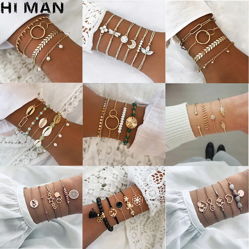 31 estilos boho mista folhas carta mapa geométrico cristal infinito pentagrama concha multi-camada corrente pulseira feminina atacado
