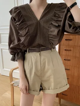 

COIGARSAM Ruffles blouse women Lace Patchwork V-Neck blusas womens tops and blouses Brown White 2022