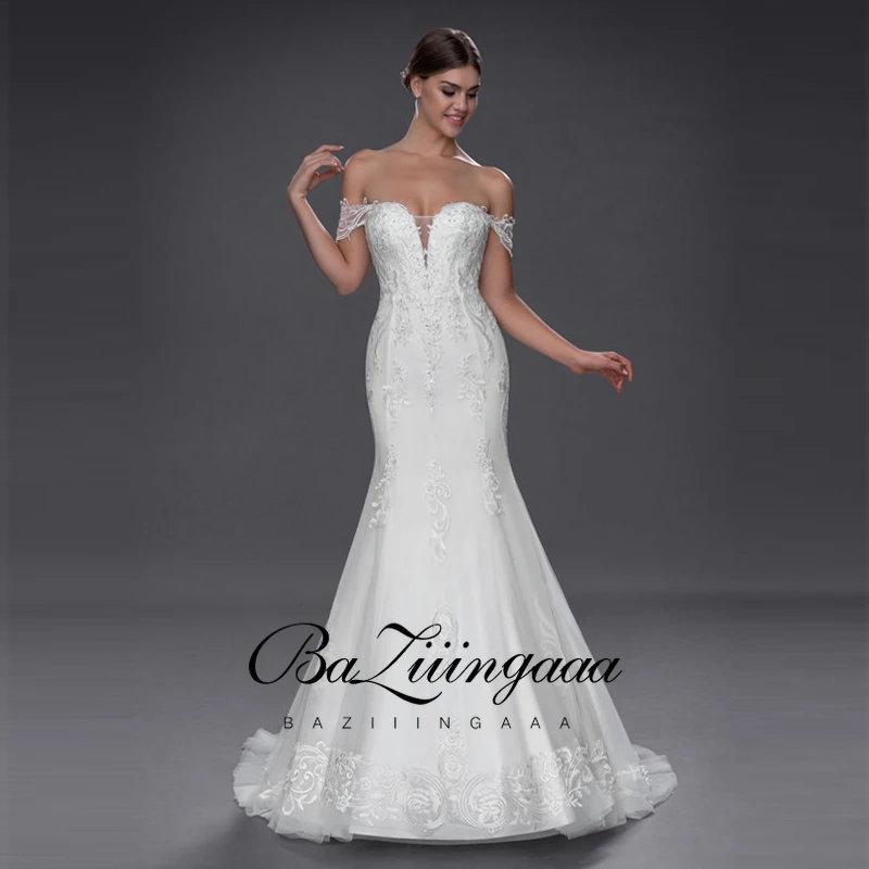 

BAZIIINGAAA Luxury Lace Mermaid Wedding Dress V-neck Off the Shoulder Floor-Length Design Plus Size Bridal Wedding Dress