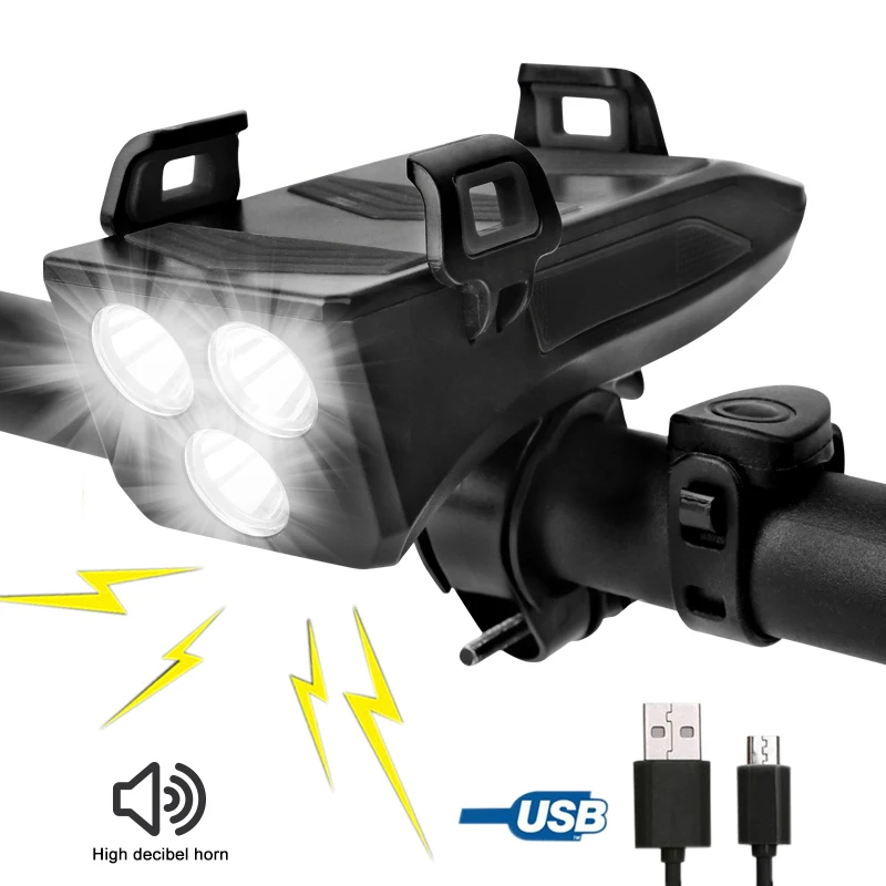 Multi-functional 3 LED USB Bike Light Built-in 4000 mAh Rechargeable Battery Cycling Light Cycling Phone Holder Bike Bell