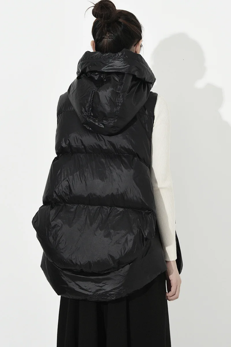 Vefadisa Big Pocket Winter Vest Woman Personality Sleeveless Cotton Vest Hooded Vest Coat Loose Black Gray Violet QYF1144
