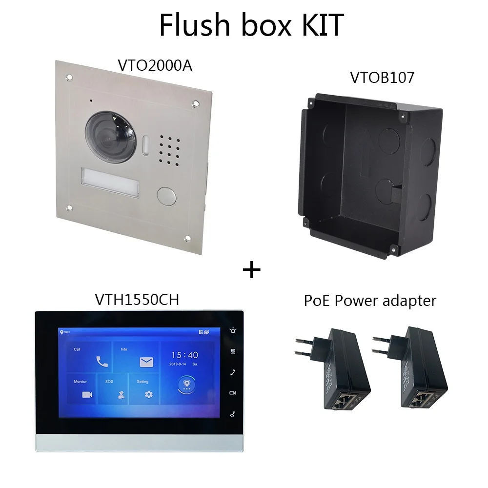 DH логотип многоязычный видеодомофон комплект включает VTO2000A поверхностный ящик или флеш-бокс, VTH1550CH, адаптер питания PoE - Цвет: Flush box KIT  black