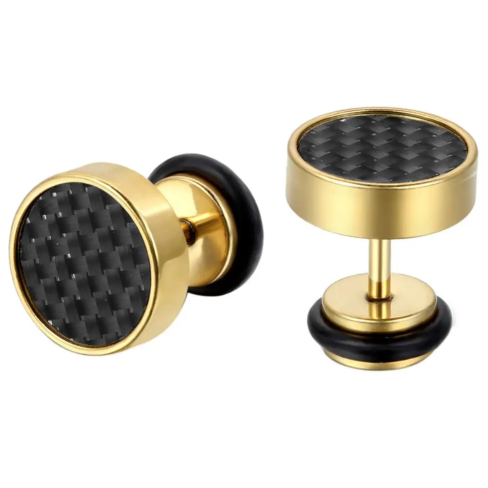 BONISKISS 10mm Men's Gold Color Stud Earrings Stainless Steel Plug