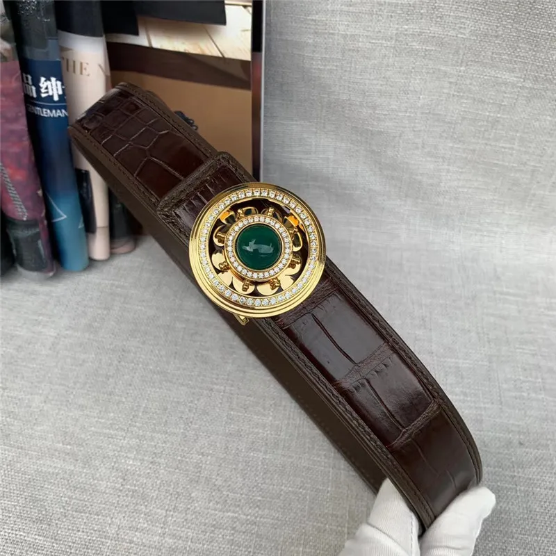 Authentic Exotic Crocodile Belly Skin Revolving Buckle Men's Waist Belts Genuine Real Alligator Leather Green Crystal Male Strap |