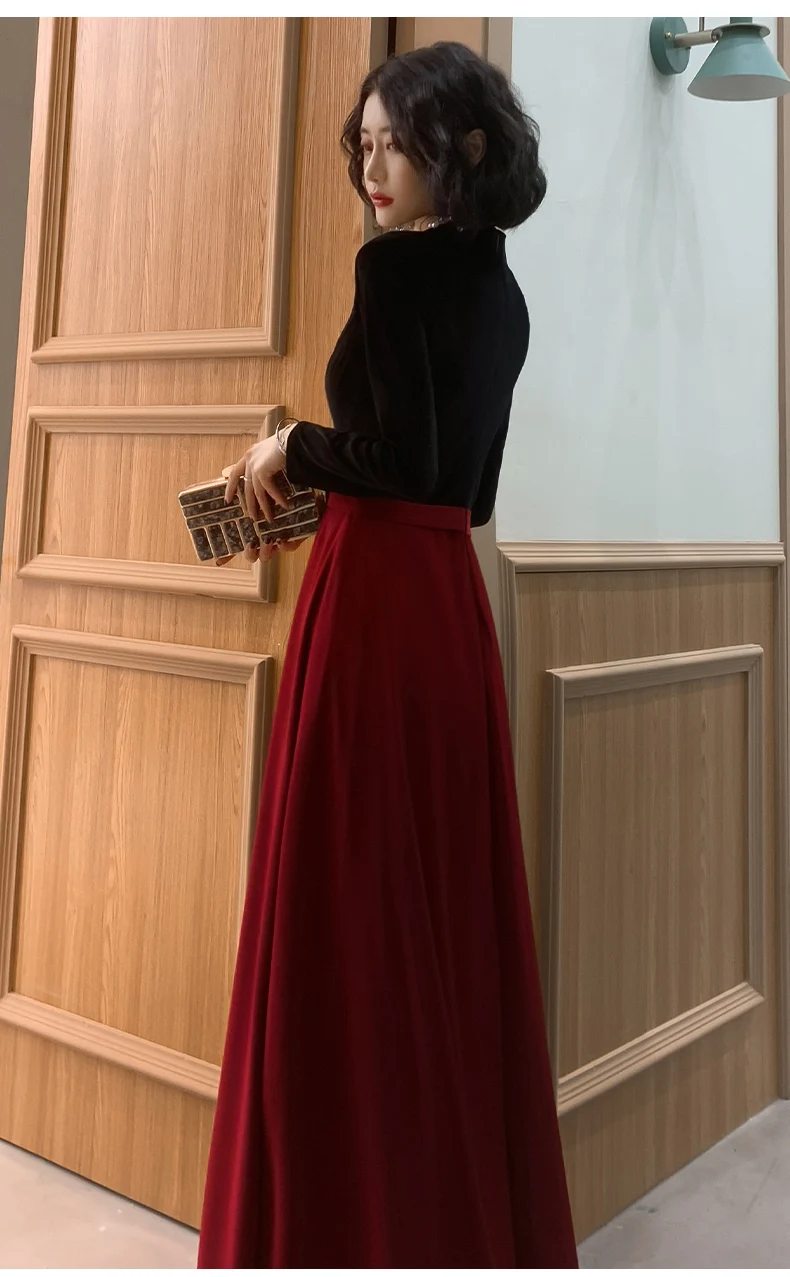 Черные и красные Элегантные Простые Женские официальные вечерние платья с длинным рукавом v-образным вырезом А-силуэта бархатные атласные длинные платья для выпускного бала
