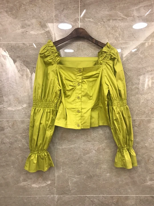 colour 2 Хлопковые блузки, осенние модные белые, черные, желтые, зеленые топы, женские сексуальные рубашки с квадратным воротником и пуговицами, рубашки с длинным рукавом - Цвет: colour 2