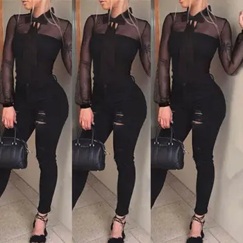 

Autumn Winter Sexy Jumpsuit See Through Bodysuit Women Black White Long Sleeve Skinny Shirt Romper Casual Solid Jumpsuits