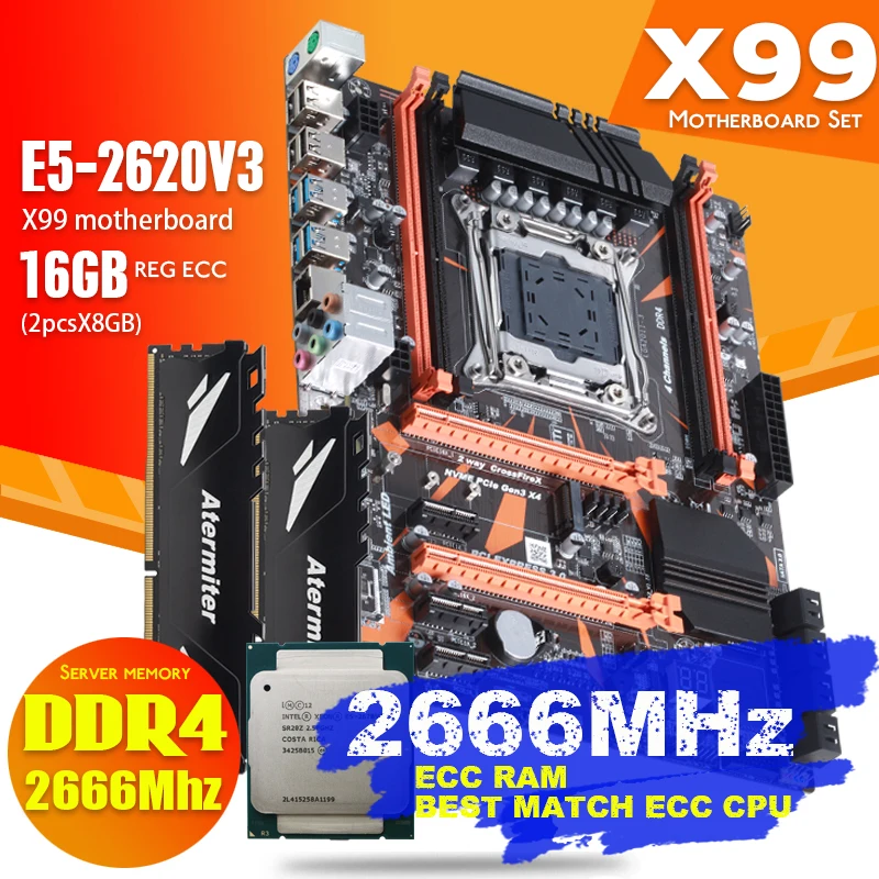 Atermiter X99 D4 DDR4 Placa base con Xeon E5 2620 V3 LGA2011-3 CPU 2 uds X 8GB = 16GB 2666MHz DDR4 PC4 REG ECC memoria RAM