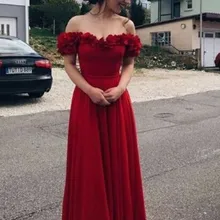 A-Line платье выпускного вечера с открытыми плечами темно-красное шифоновое платье выпускного вечера с цветком