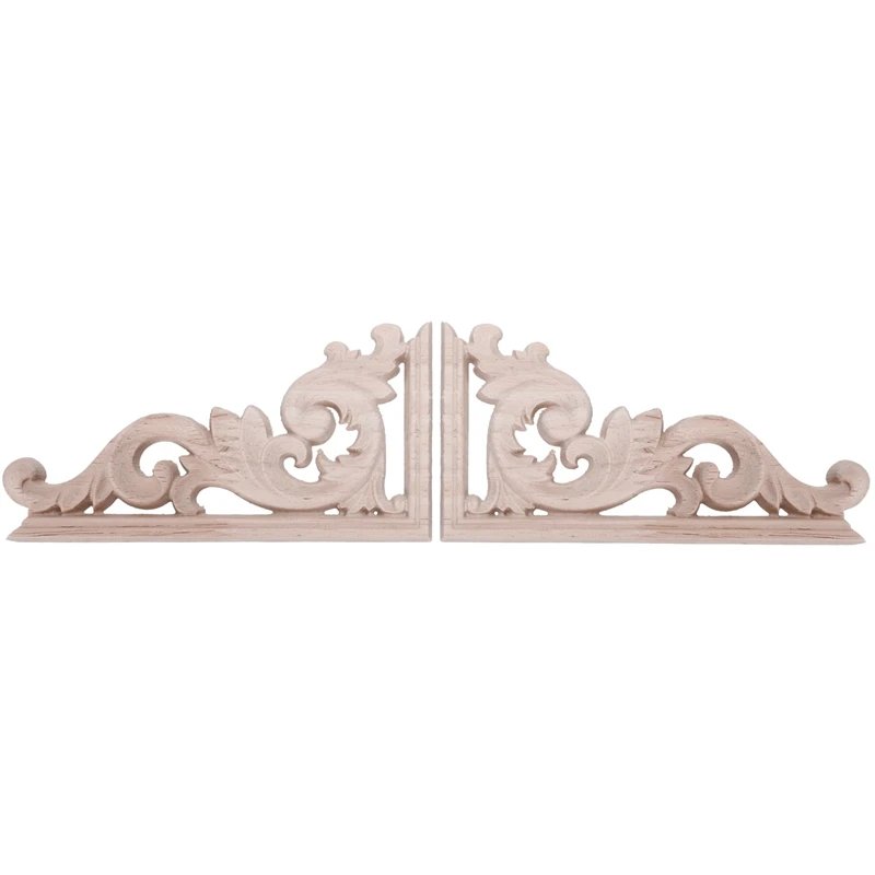 2pcs Right+Left each 1pcs European Style Wood Carved Corner Onlay Applique Frame Flower Unpainted Furniture Door Decor 