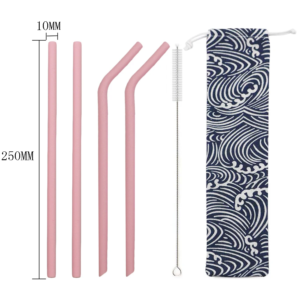 pink 4/6pcs Reusable Drinking Straw Food Grade Silicone Straw Flexible Colorful Straw for Home Party Accessories With Cleaning Brush - Цвет: pink