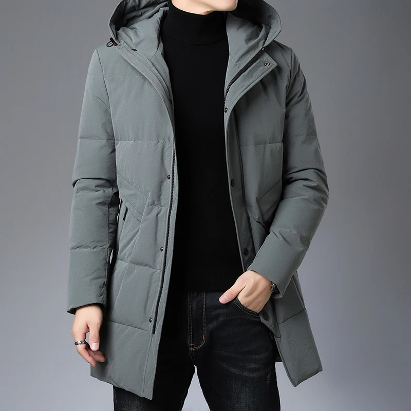 Высший сорт зимний модный брендовый мужской пуховик с капюшоном Длинная уличная пуховая куртка Теплая мужская одежда на утином пуху