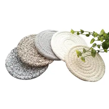 

Round Cotton Braided Table Place Mats Coaster Non-Slip Table Mats Set of 5 Cups Dining Kitchen Washable Small