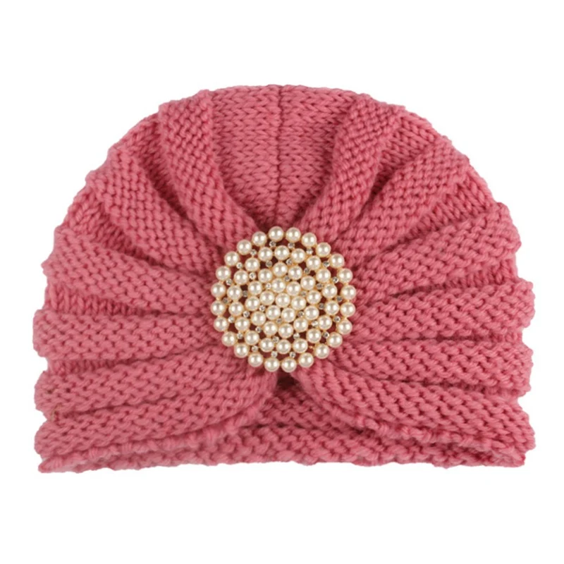 

Baby Infant Winter Woolen Beanie Hat Pearl Decoration Knitted Cap Wrinkles Head Scarf Kids Girl Boy Knit Turban Cap