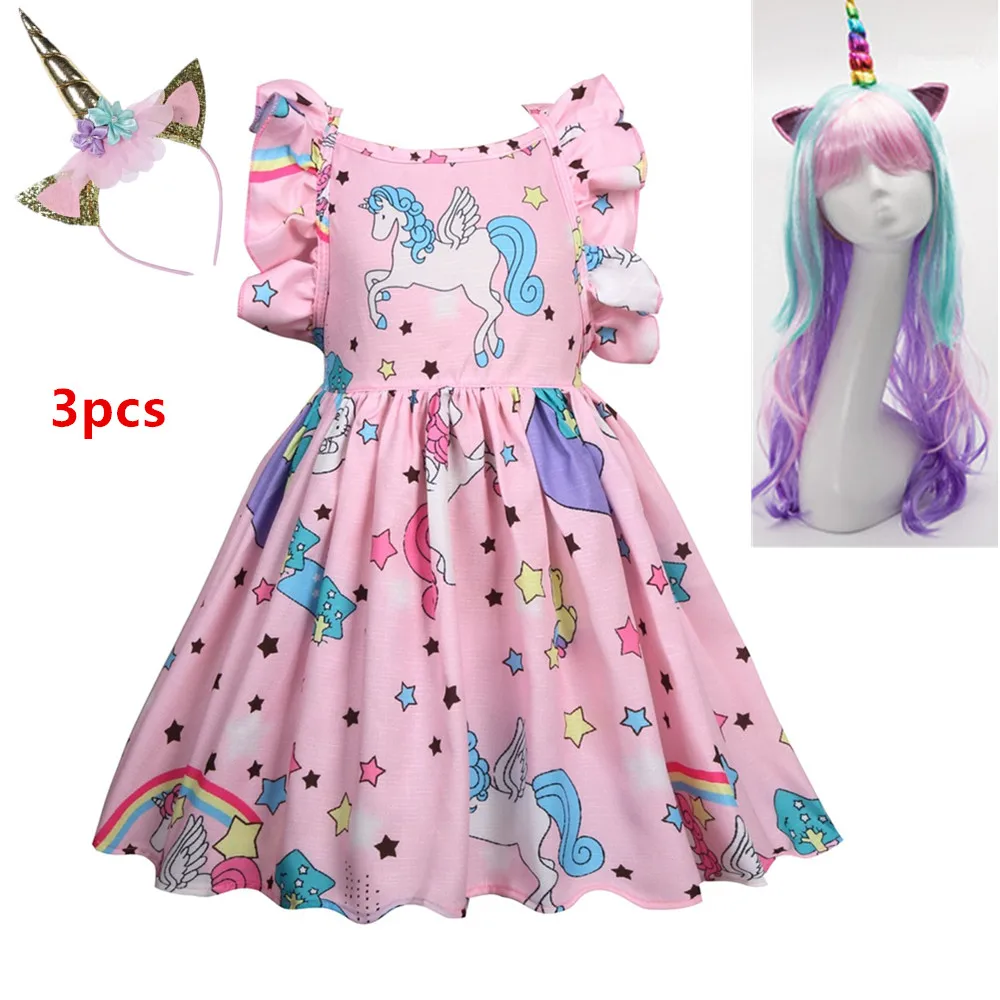 Vestidos/летнее платье для девочек коллекция года, брендовый Единорог для вечеринки с открытой спиной, платье принцессы Детский костюм, детская одежда розовый+ парик - Цвет: a36004-3pcs