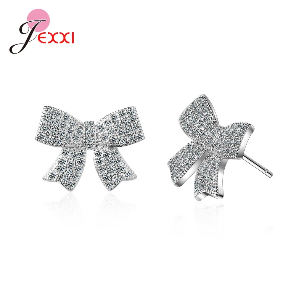 

New Korean Style Pink Crystal Clear Bow Knot 925 Sterling Silver Stud Earrings For Women Fashion Anniversary Party Gifts