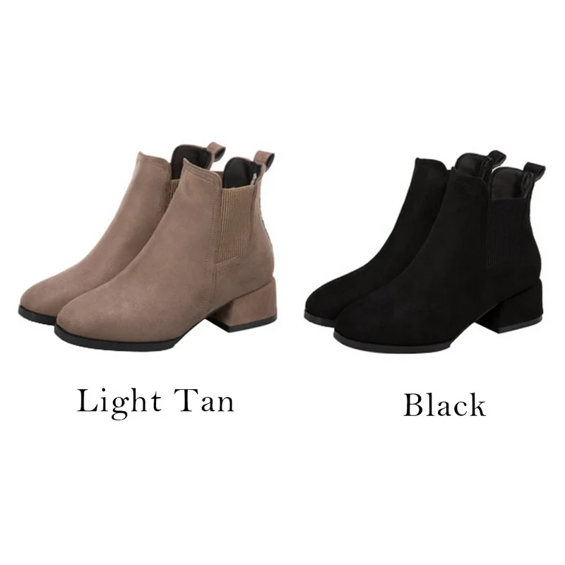 MoneRffi, женские осенне-зимние ботильоны из флока повседневные однотонные ботинки без шнуровки с круглым носком на квадратном каблуке 3,5 см, цвет черный, верблюжий, Размеры 35-43