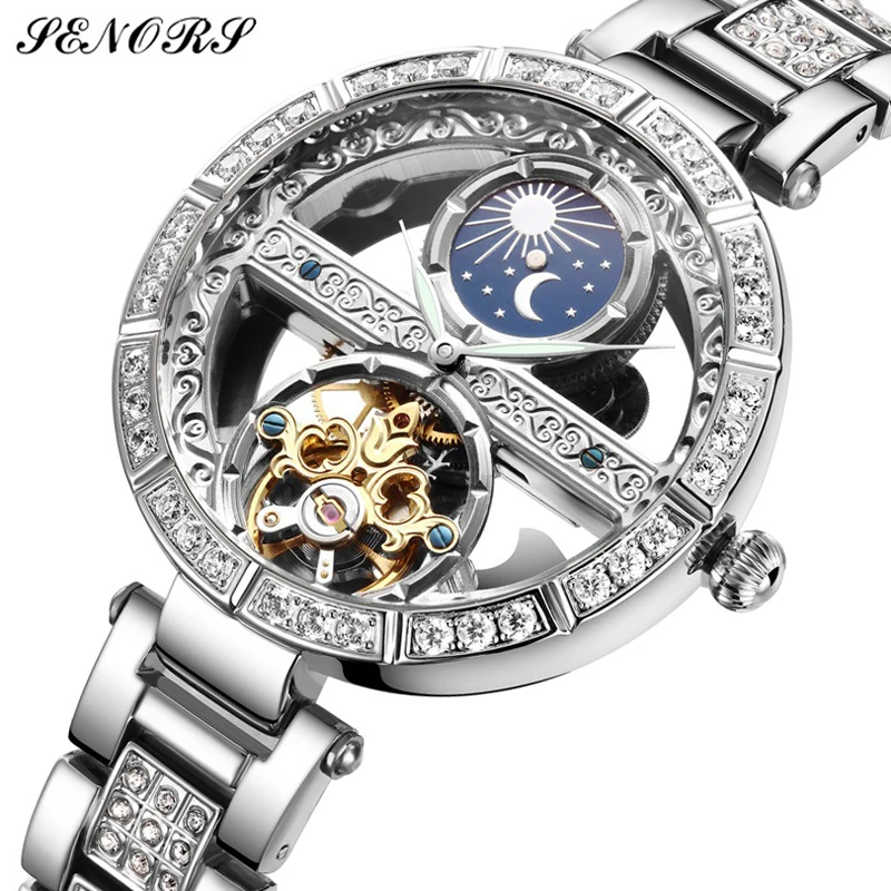

Top Brand SENORS Women Automatic Mechanical Watches Stainless Steel Fashion Hollow Self-Winding Wristwatch Ladies Luxury Clock