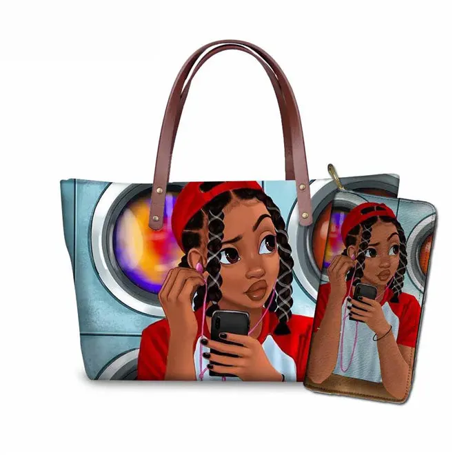 FORUDESIGNS/женские сумки для пляжа, черные, художественные, африканские, для девочек, с принтом, 2 шт., сумочки, набор, Дамский Роскошный кошелек и сумочка, Bolsa Feminina - Цвет: YQ4562ALZ21