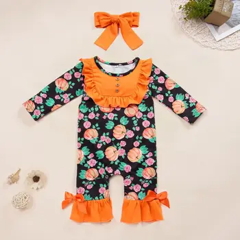 

Baby Autumn bodysuit 2019 Fashion Infant Baby Girls Halloween Pumpkin Print Jumpsuit +Headband Lovely Outfit for Kids
