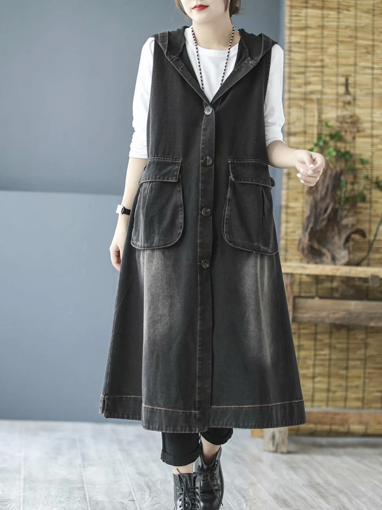 ladies long puffer coat Masss Wasss Korean Style Denim Hooded Long Vest Coat 2021 Women Button Loose Vintage Waistcoats Female Punk Sleeveless Clothes puffer coat with hood