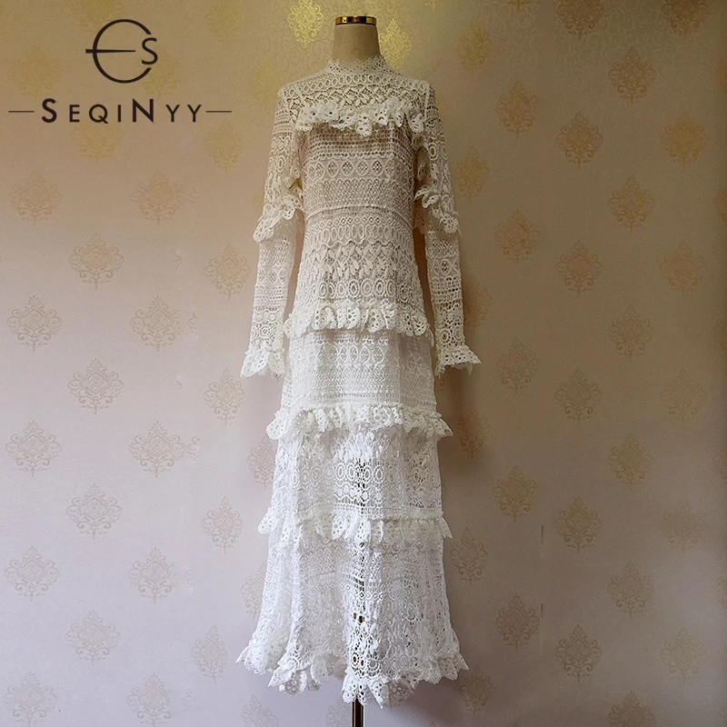 

SEQINYY Party Elegant Dress 2020 Spring New Fashion Design Women Lace Hollow out High Quality Ruffles Plus Size Long Dress
