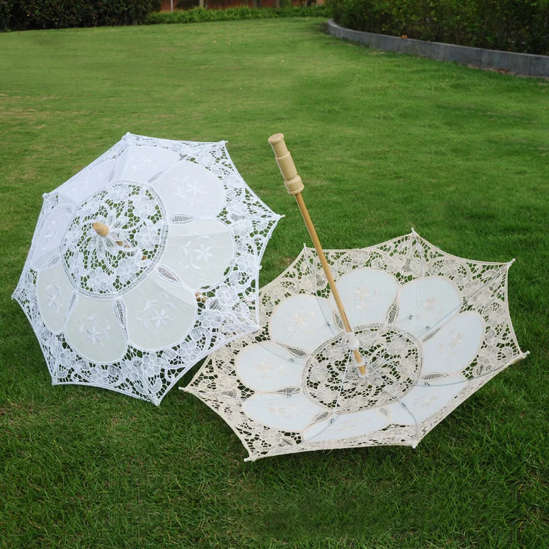 New European White/Ivory Lace Umbrella DIY Production Sun Parasol Bride Umbrella With 8 Ribs Wood Handle Wedding Decorations S L