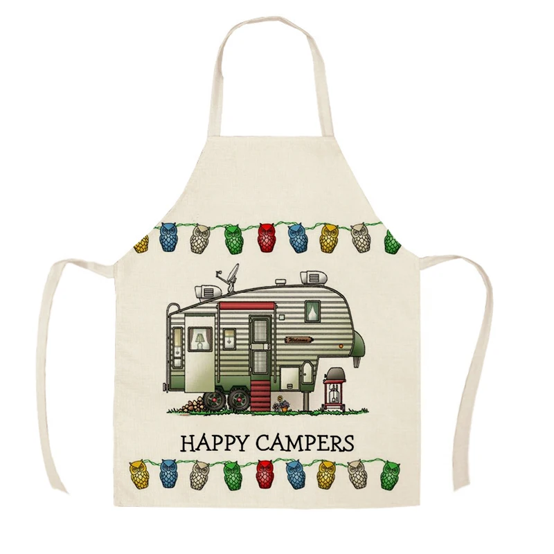 1Pcs Kitchen Apron Sketch Campers Car Printed Sleeveless Cotton Linen Aprons for Men Women Home Cleaning Tools WQ358