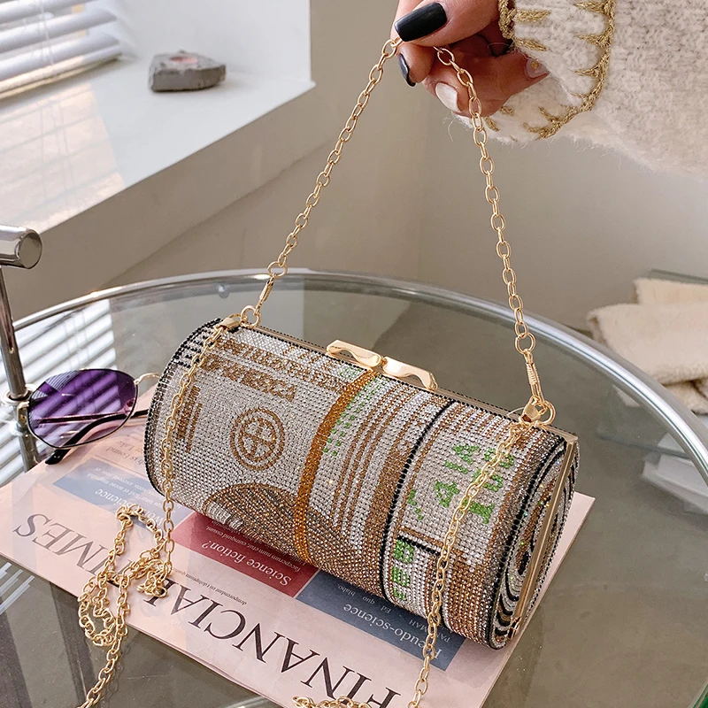 

New Crystal Money USD Bags Diamond Barrel-shaped Party Purse Clutch Bags Dinner Purses and Handbags Dollar Design Luxury