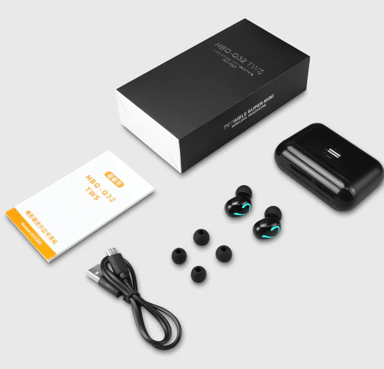 Q32 HBQ TWS Senza Fili di Bluetooth 5,0 Auricolare 3D стерео Auricolari спортивные чашки цифровой дисплей микрофон Портативный Scatola di Cari