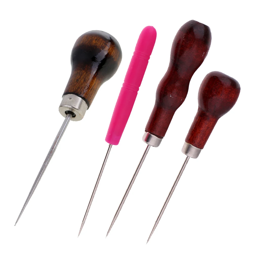 4X Plastic Wooden Handle Tailor's Awl Tool for Beading, Carving, Stitch Repair, Leather Work, Piercing Holes and Shoemaking