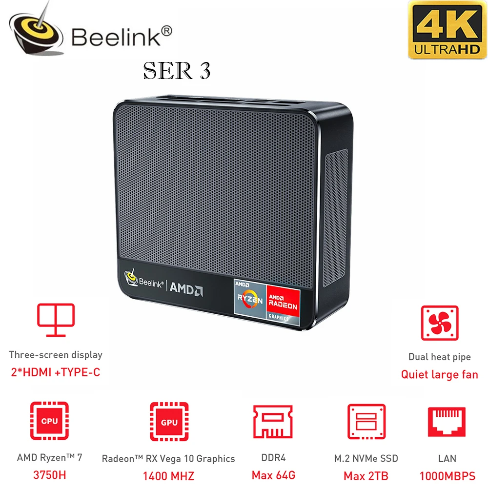 Beelink SER3 игра мини - PC Windows 10 компьютер AMD Ryzen 7 3750H 4GHZ 4C / 8T 4K сверхвысокий уровень |