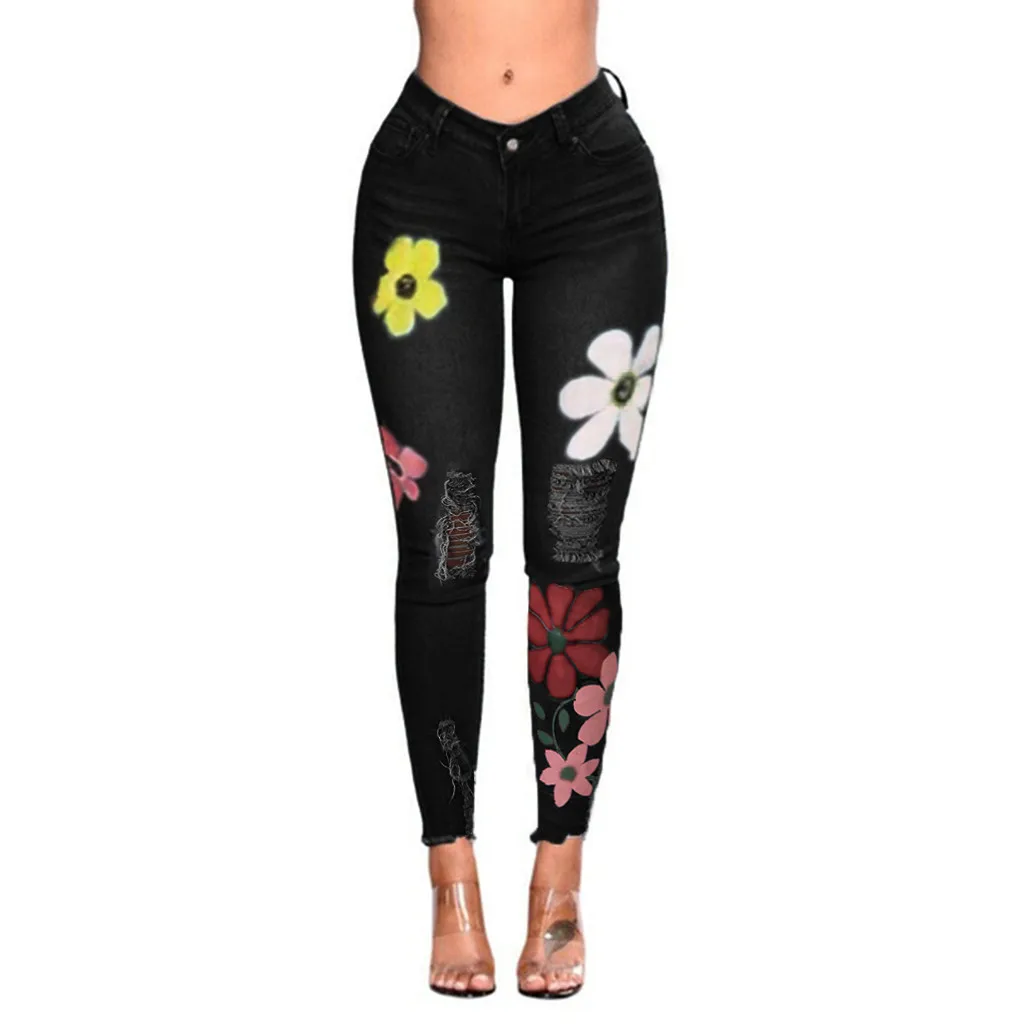 Черные синие джинсы Сальса feminina женские dzinsy damskie модные джинсы mujer Wild Print Hole тонкие длинные женские джинсы# C9