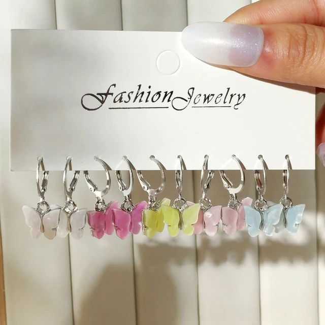 Flatfoosie 5Pair Pink Blue Heart Butterfly Drop Earrings Set For Women Boho Cute Star Moon Eye Dangle Earring 2022 Trend Jewelry 160003SL