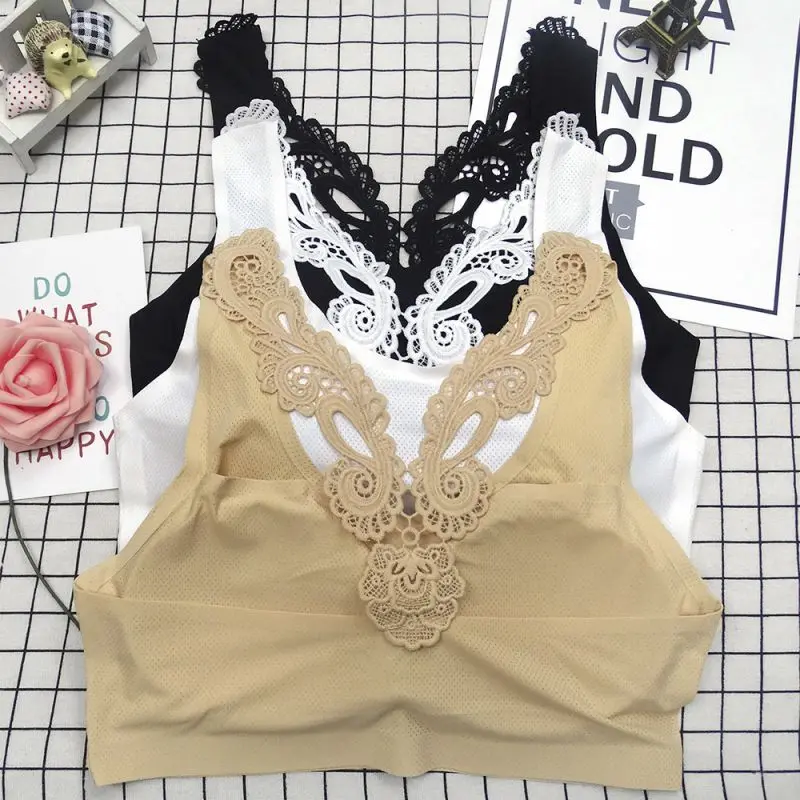 Z Women's Ice Silk Without Traces Seamless Lace Full Cup Bra Beauty Back Padded Bra Ladises Lace Padded Base One Size Bra