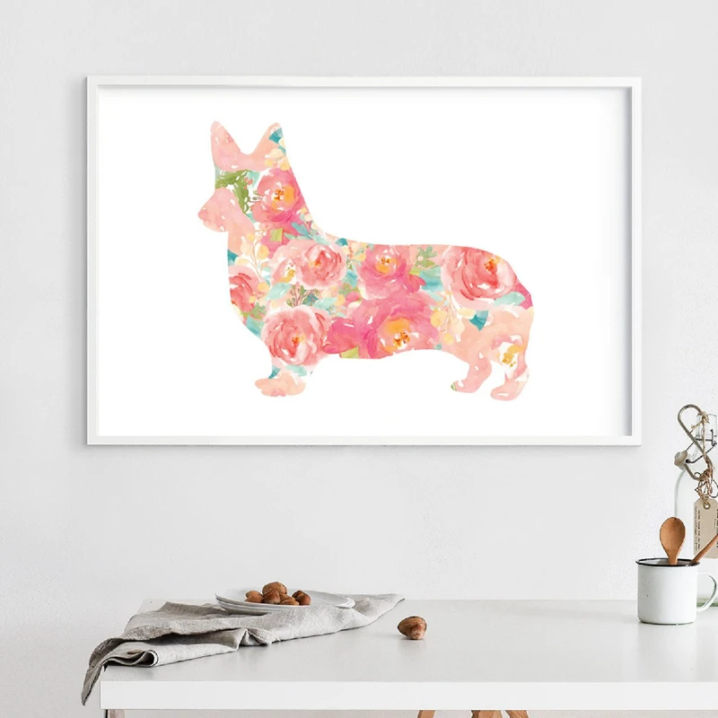 Corgi-Pet-Portrait-Watercolor-Floral-Canvas-Poster-Nursery-Wall-Art-Print-Painting-Corgi-Puppy-Dogs-Picture (1)