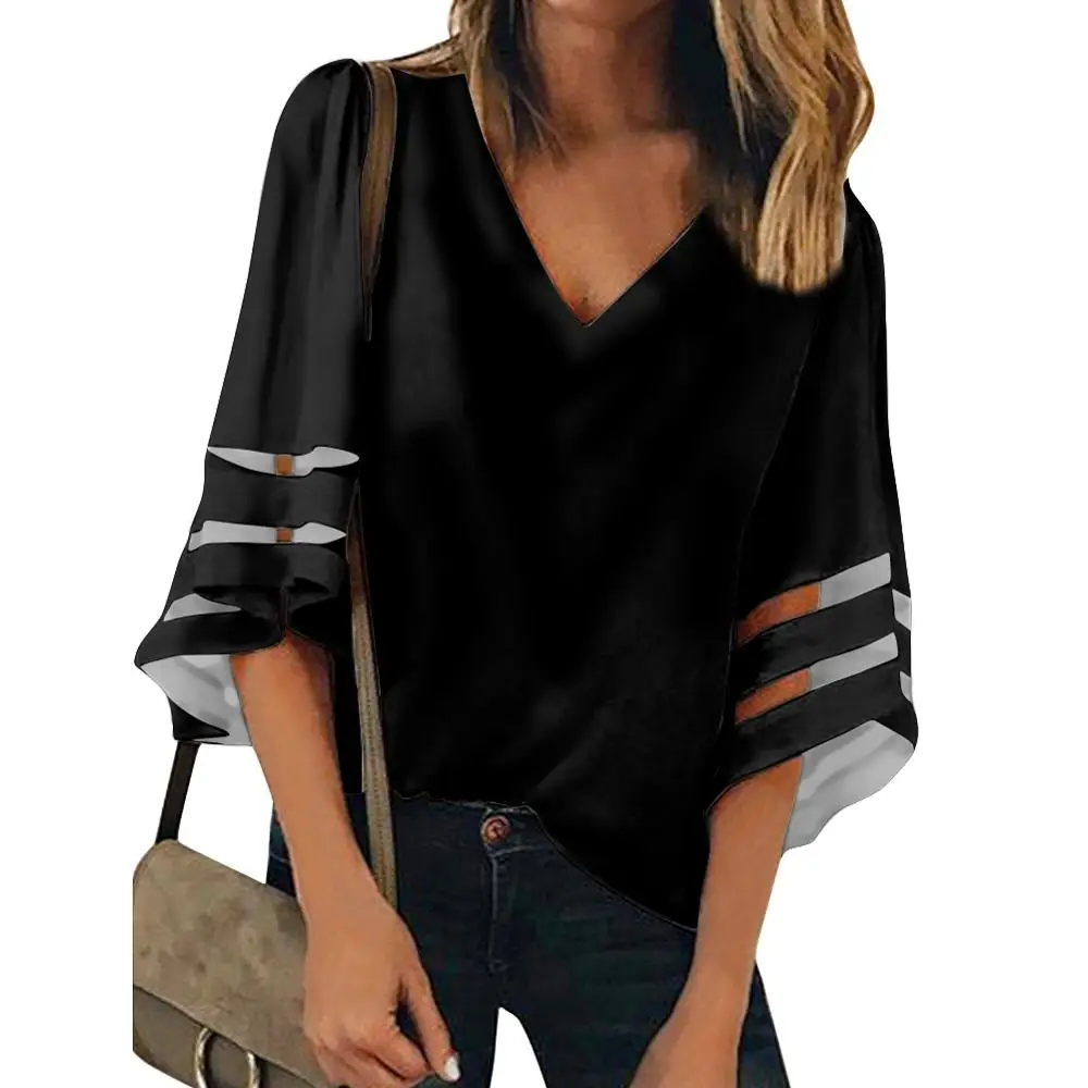 

Simplicity pure black Fashion Chiffon Floral custom Print Half Sleeve V Neck Casual Blouses Top Comfort Wholesale Clothes Woman