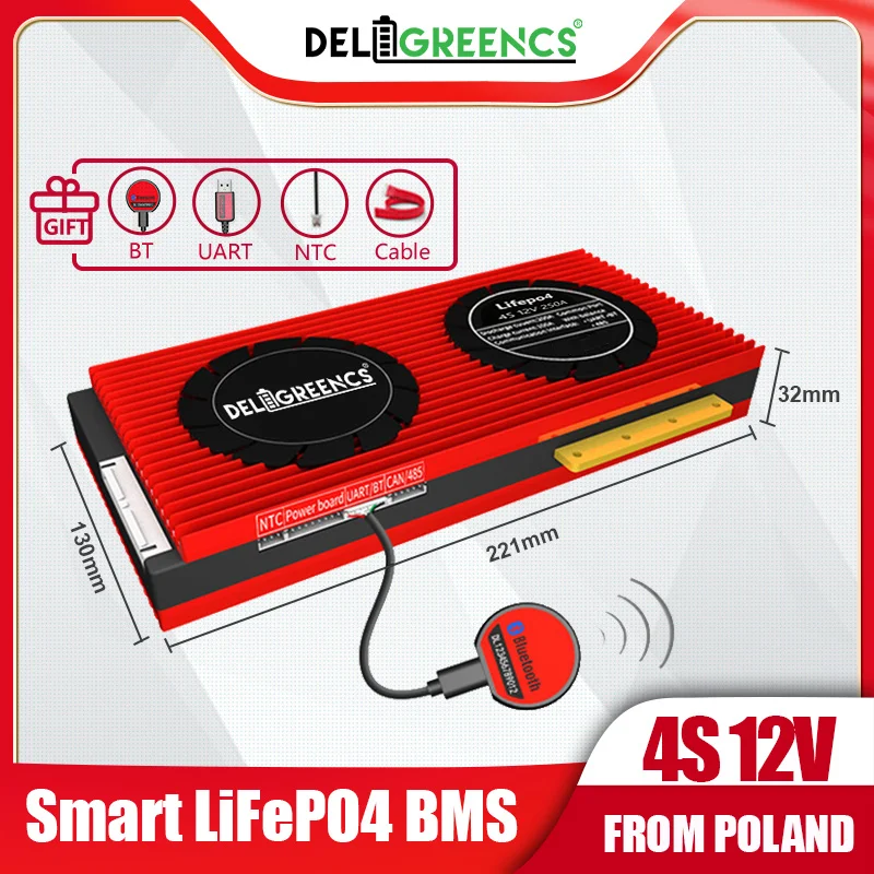 Smart BMS 4S 200A 12V LifePO4 BMS Bluetooth APP SOC UART for 12V Lithium Battery Pack Power Storage Solar Car Poland Shipping