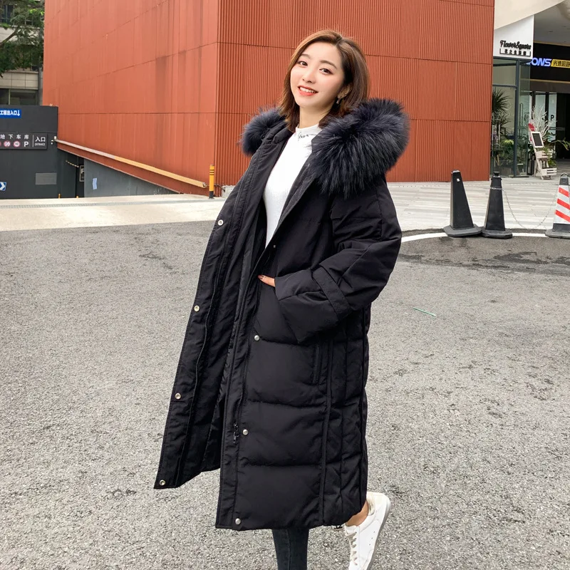 New Korean Style Women Loose Duck Dow Jackets Loose Oversized Parka Mid Long Warm Outerwear Coat Female Real Fur Hooded Jacket - Цвет: Черный