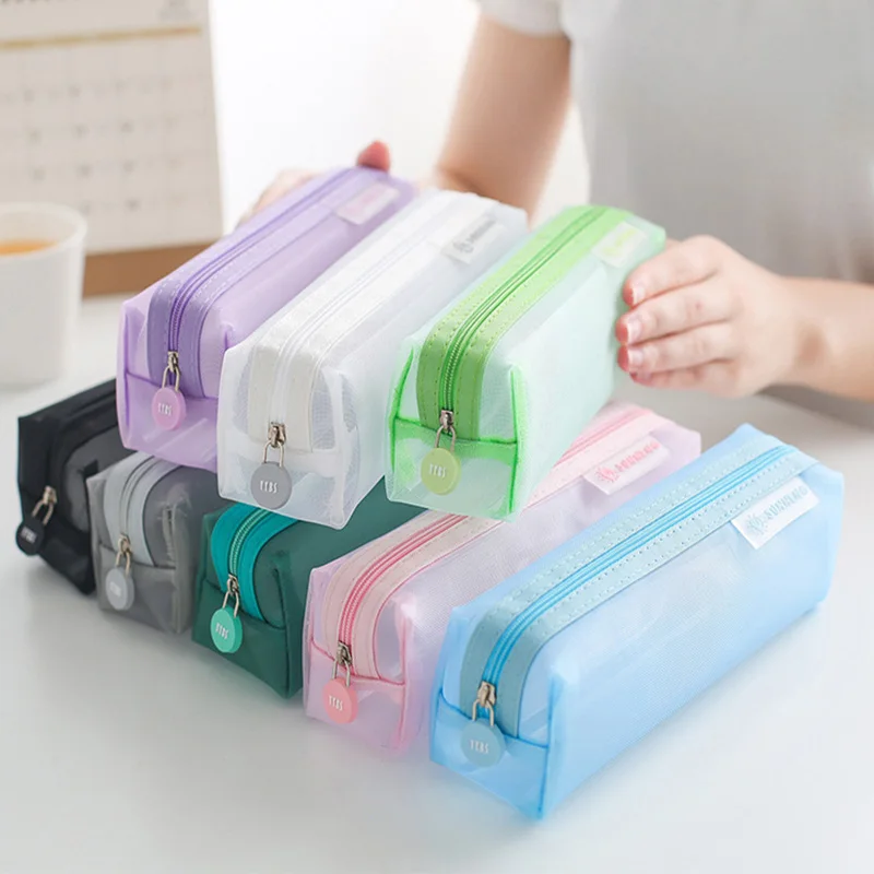 School Mesh Pencil Cases Kawaii Cute Solid Color Transparent Pencil Box School Student Pen Bag Supplies Lapis Stationery pencil cases
