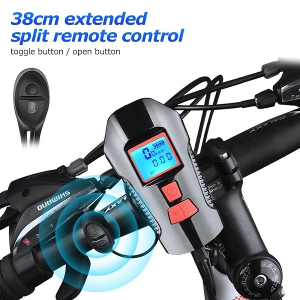 Waterproof LED Bicycle Light+Bell USB Rechargeable Bike Front Light Flashlight Handlebar Cycling Headlight+Horn LCD Speed Meter
