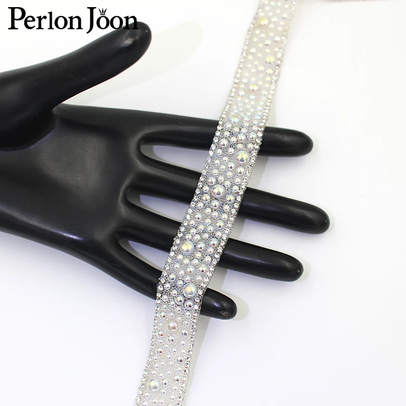 1yards Neue weiße AB farbe perle dekoration strass trim hot fix band braut hochzeit schuhe dekoration zubehör TR113 – Detail 7