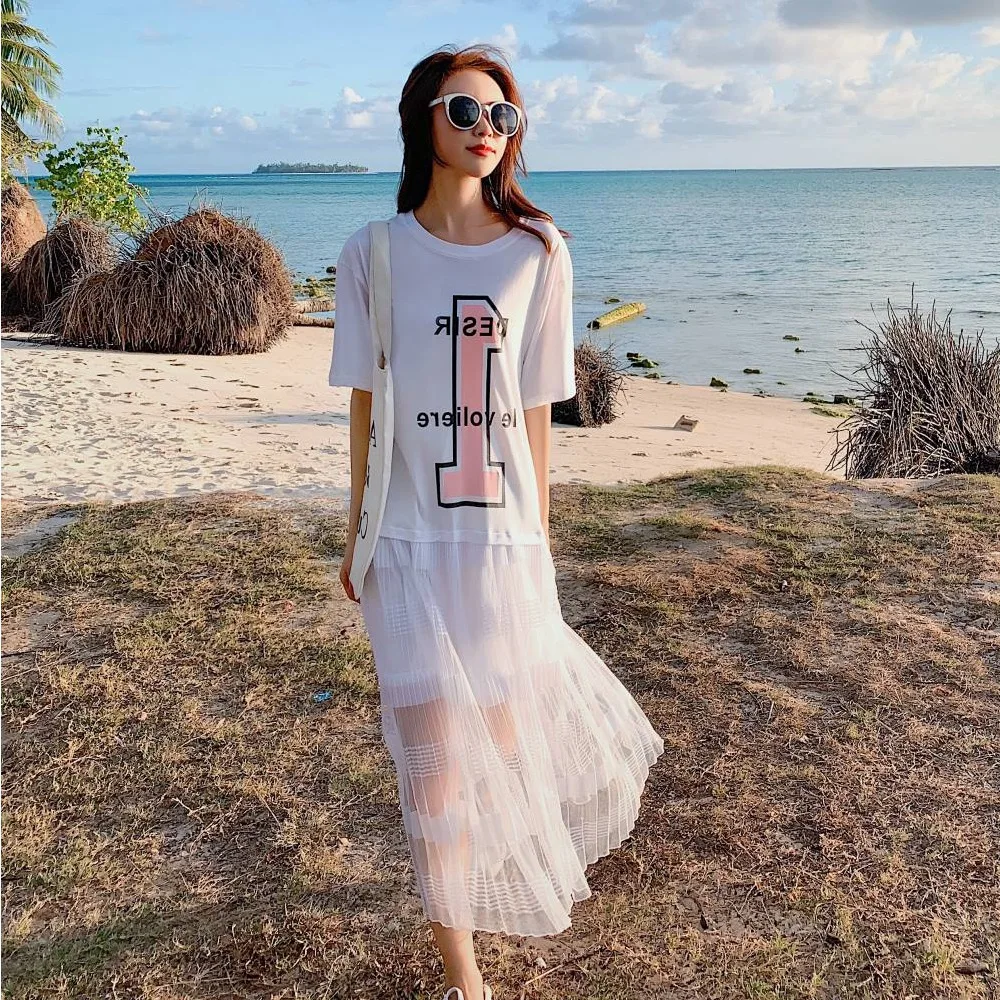 

Photo Shoot CHIC Korean-style by Age GIRL'S White Printed Letter Loose Gauze Joint Mock Two-Piece T-shirt Dress