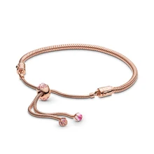 Подлинный 925 пробы серебряный Цветок персика скользящий браслет в европейском стиле Подходит для женщин шарик шарм браслет подарок DIY ювелирные изделия