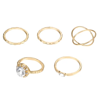 

5-Piece Zircon Inlay Geometric Ring Set Ladies Gold Personality Metal Ring Ring