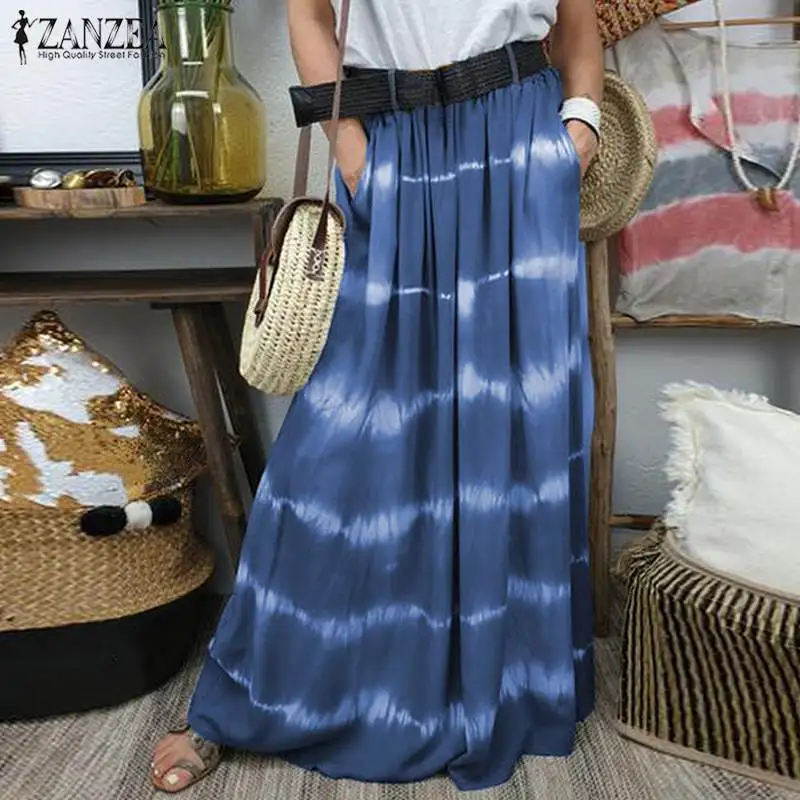 

ZANZEA 2019 Women's Bohemian Printed Maxi Shirts Casual Faldas Saia Elastic Waist Long Skirt Female Striped Skirt Jupe Plus Size