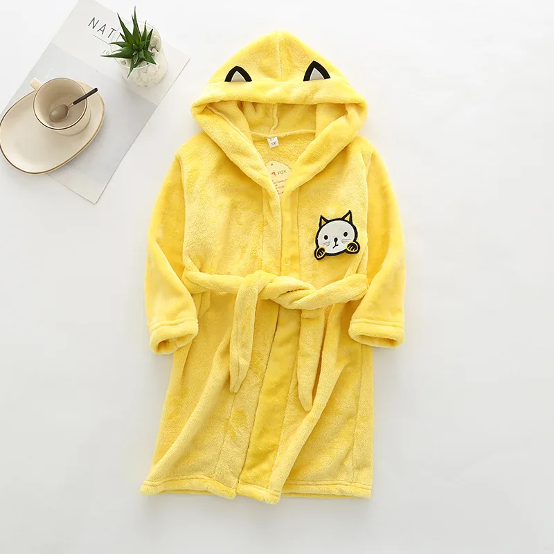 Yellow cat Новинка; сезон осень-зима; детская одежда для сна; фланелевый теплый Халат с капюшоном; детские пижамы для мальчиков и девочек; милые халаты с рисунками животных - Цвет: Yellow cat