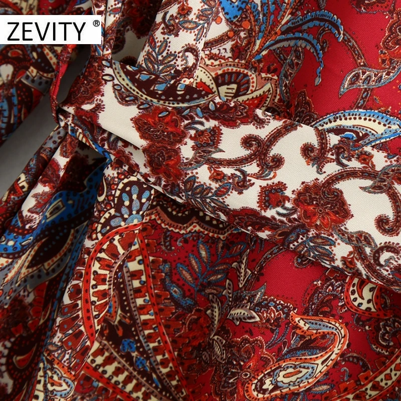 ZEVITY women vintage totem flower print bow tied sashes shirt dress female long sleeve paisley retro vestido chic dresses DS4439